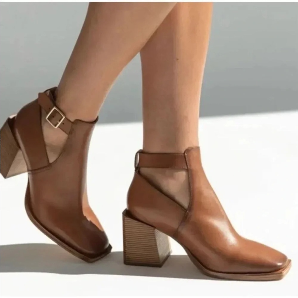 FREE PEOPLE | Brady Buckle Cutout Block Heel Buckle Boot in Cognac 38